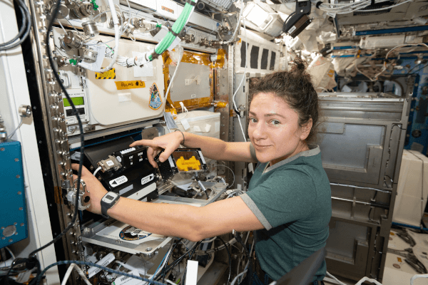 astronaut Jessica Meir installing Bone Densitometer hardware inside the space station